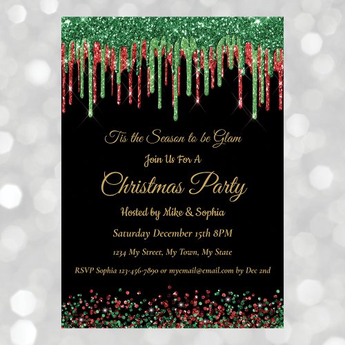 Red Green Glitter Dripping Christmas Party Black  Invitation