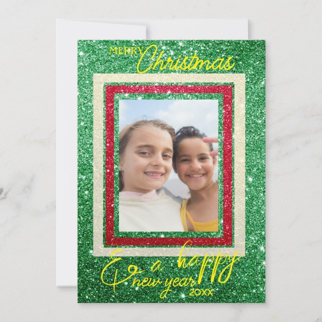 Red Green Glitter Holiday Photo Christmas Card (Front)