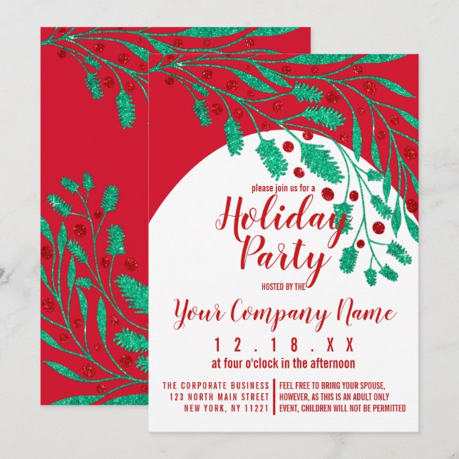 Red Green Glitter Holly and Ivy Corporate Holiday Invitation (Front/Back)