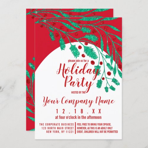 Red Green Glitter Holly and Ivy Corporate Holiday Invitation