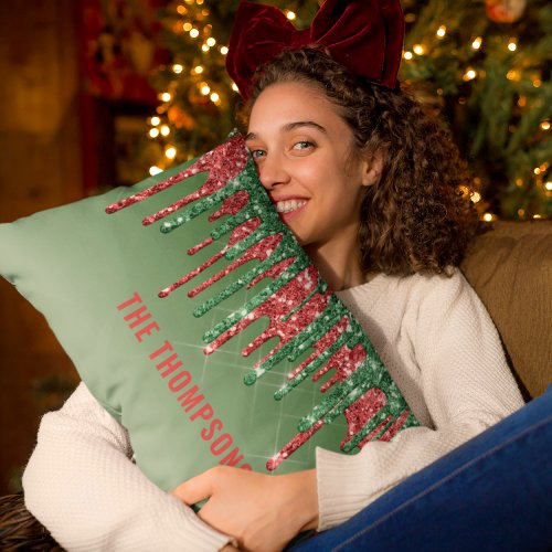 Red Green Glitter Sparkle Festive Christmas Name Lumbar Pillow