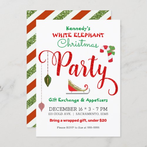 Red Green Glitter White Elephant Christmas Party Invitation