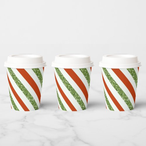 Red Green Glitter White Stripes Holiday Christmas  Paper Cups