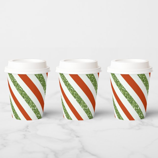 Red Green Glitter White Stripes Holiday Christmas  Paper Cups (Multi)