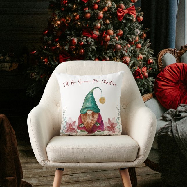 Red Green Gnome Holly Berry Poinsettia watercolor Throw Pillow (Creator Uploaded)