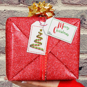 Red Green Gold Abstract Art Ribbon Christmas Tree Gift Tags