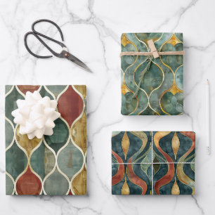 Red, Green, Gold Arabesque 3 Wrapping Paper Sheets