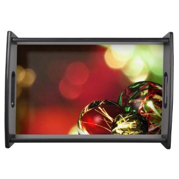 Red  Green  Gold Bokeh Lights And Ornaments Serving Tray by ArtByApril at Zazzle