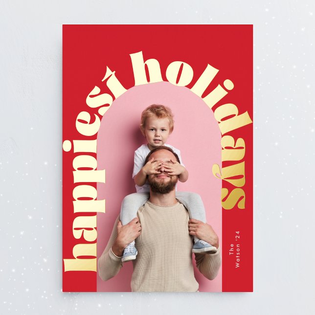 red green gold bold text arch photo christmas foil holiday card (Creator Uploaded)