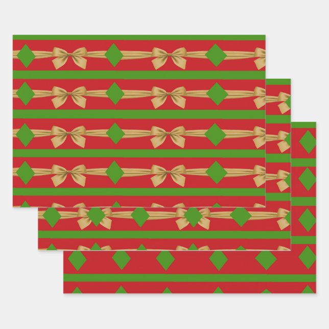 Red green gold bows Christmas  Wrapping Paper Sheets (Set)