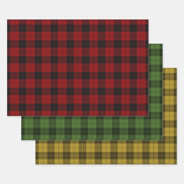 Red Green Gold Buffalo Plaid Check Tartan Patterns Wrapping Paper Sheets (Set)