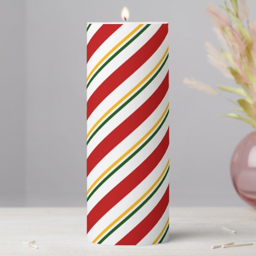 Red Green  Gold Candy Cane Stripes Christmas Pillar Candle