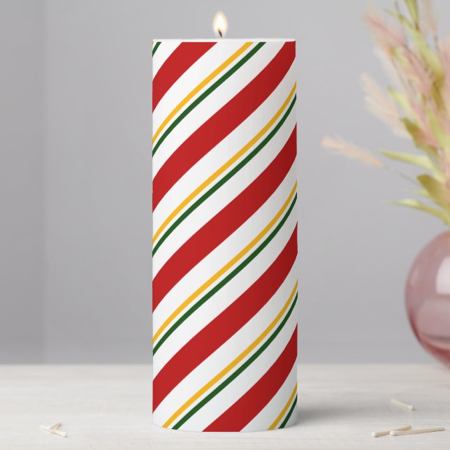 Red Green & Gold Candy Cane Stripes Christmas Pillar Candle (In Situ)
