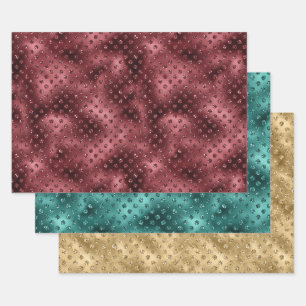 Red Green Gold Christmas Glitter Dots    Wrapping Paper Sheets