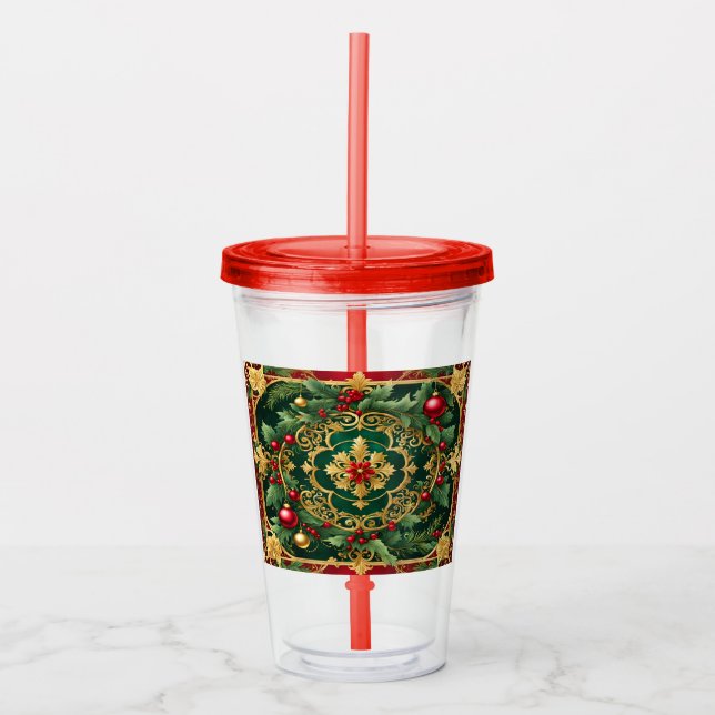 Red Green Gold Christmas Holiday Acrylic Tumbler (Front)