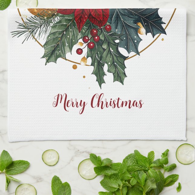 Red Green Gold Christmas Holiday Floral Botanicals Kitchen Towel (Folded)