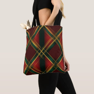 RED GREEN GOLD CHRISTMAS HOLIDAY PLAID PATTERNS TOTE BAG