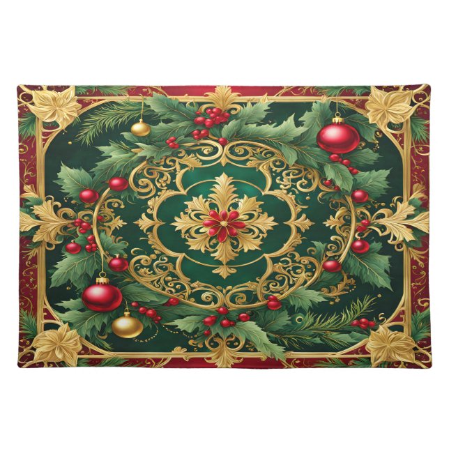 Red Green Gold Christmas Holiday Table Cloth Placemat (Front)
