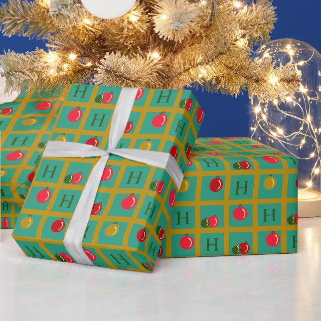 Red, Green, Gold Christmas Ornaments with Monogram Wrapping Paper (Holidays)