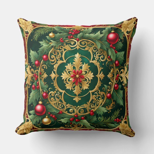 Red Green Gold Christmas Throw Pillow (Front)