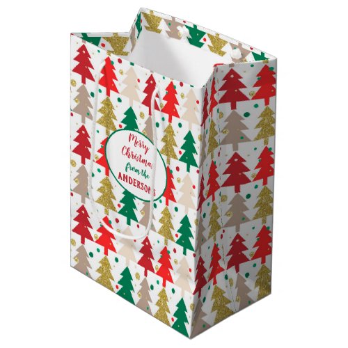Red Green Gold Christmas Tree Circles Pattern Medium Gift Bag