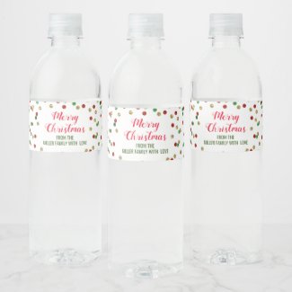 Red Green Gold Confetti Custom Merry Christmas Water Bottle Label