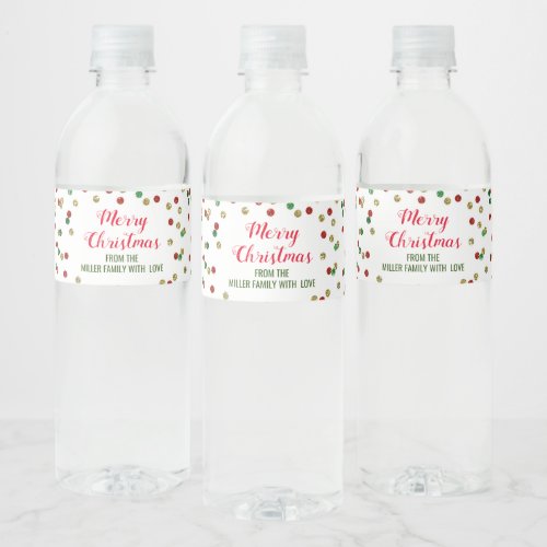 Red Green Gold Confetti Custom Merry Christmas Water Bottle Label