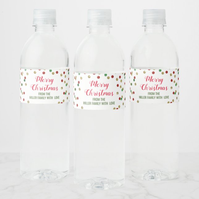 Red Green Gold Confetti Custom Merry Christmas Water Bottle Label (Bottles)