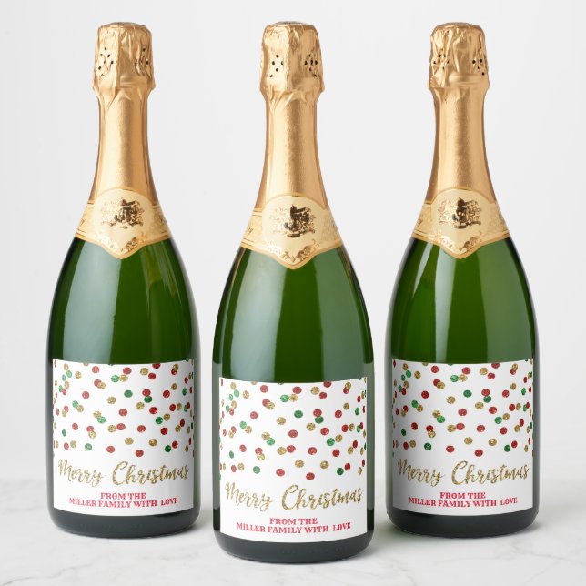 Red Green Gold Confetti Merry Christmas Custom Sparkling Wine Label (Bottles)