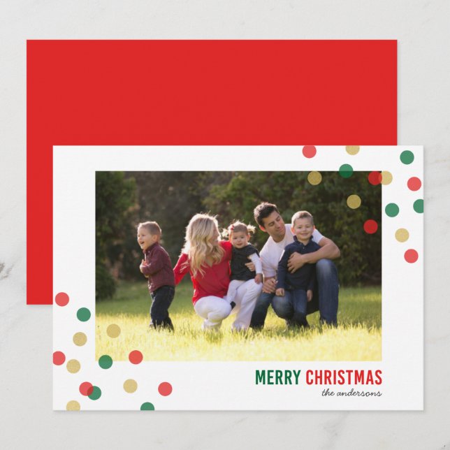 Red Green Gold Confetti Photo Merry Christmas Card (Front/Back)