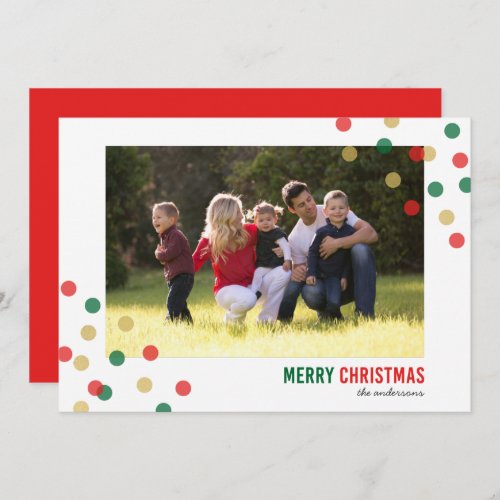 Red Green Gold Confetti Photo Merry Christmas Card