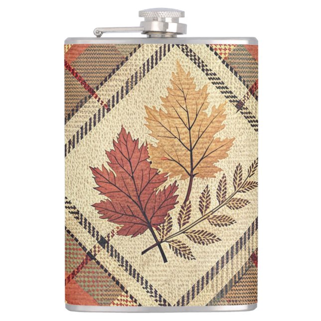 RED GREEN GOLD FALL PLAID PATTERNS WITH LEAVES FLASK (Front)