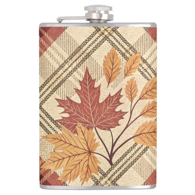 RED GREEN GOLD FALL PLAID PATTERNS WITH LEAVES FLASK (Front)