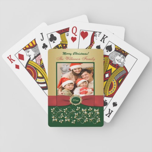 Red Green Gold Floral Photo Playing Cards