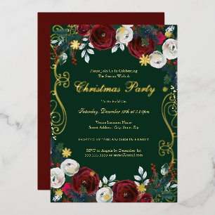 Red Green Gold Floral Swirl Christmas Party Foil Invitation