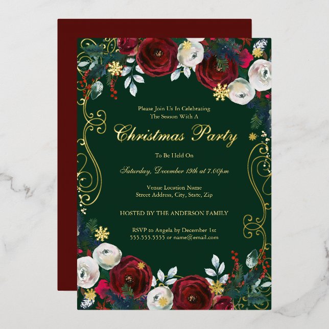 Red Green Gold Floral Swirl Christmas Party  Foil Invitation (Front/Back)