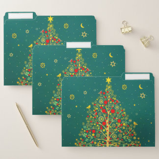 Red Green Gold Glitter Chrismas Winter Bird Tree File Folder