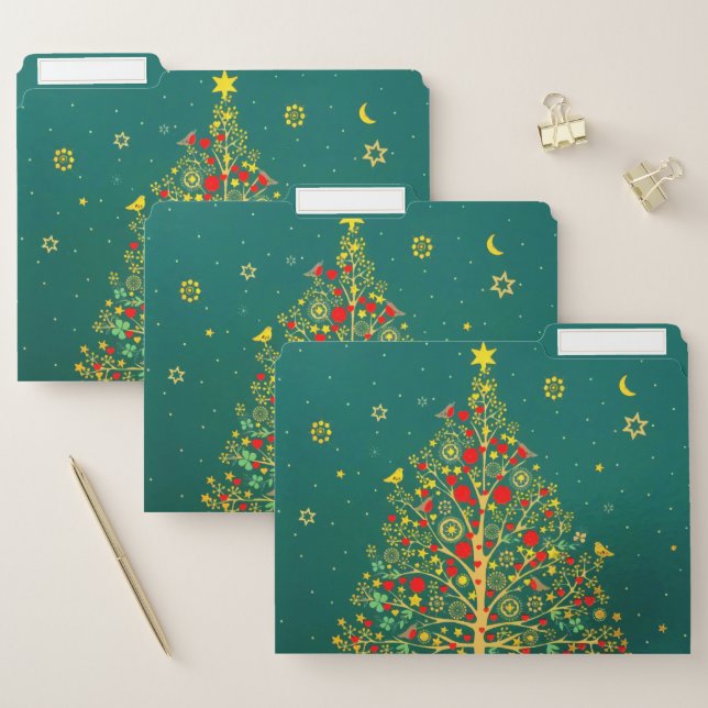 Red Green Gold Glitter Chrismas Winter Bird Tree File Folder (Set)
