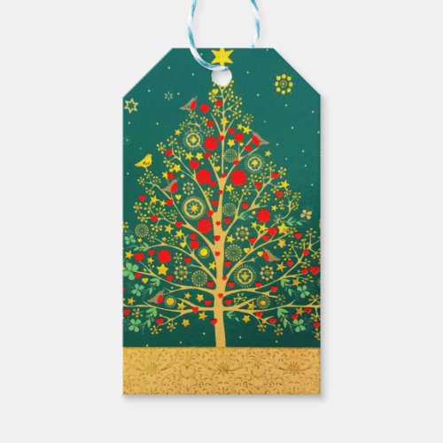 Red Green Gold Glitter Chrismas Winter Bird Tree Gift Tags