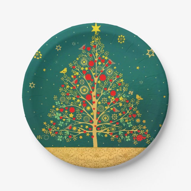 Red Green Gold Glitter Chrismas Winter Bird Tree Paper Plates (Front)