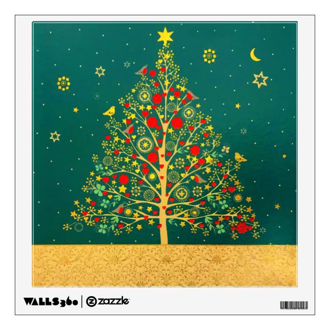 Red Green Gold Glitter Chrismas Winter Bird Tree Wall Decal (Front)