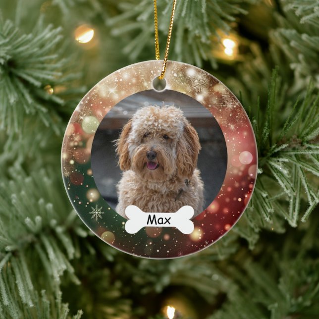 Red Green Gold Glitter Custom Pet Puppy Dog Photo Ceramic Ornament (Tree)