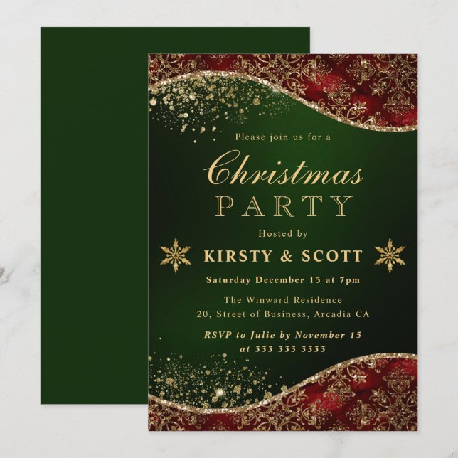Red, Green & Gold Glitter Damask Christmas Party Invitation (Front/Back)