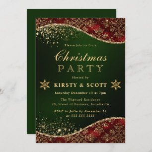 Red, Green & Gold Glitter Damask Christmas Party Invitation