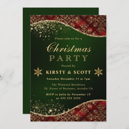 Red Green  Gold Glitter Damask Christmas Party Invitation