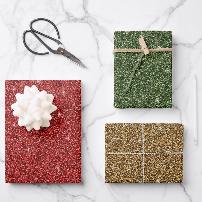 Red Green Gold Glitter Holiday Christmas Trendy  Wrapping Paper Sheets (Front)