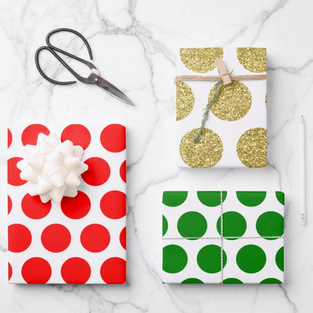Red Green Gold Glitter Polka Dot Christmas Wrapping Paper Sheets (Front)