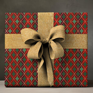 Red Green Gold Harlequin Christmas Geometric Wrapping Paper