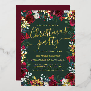 Red Green Gold Leaf Corporate Christmas Party  Foil Invitation
