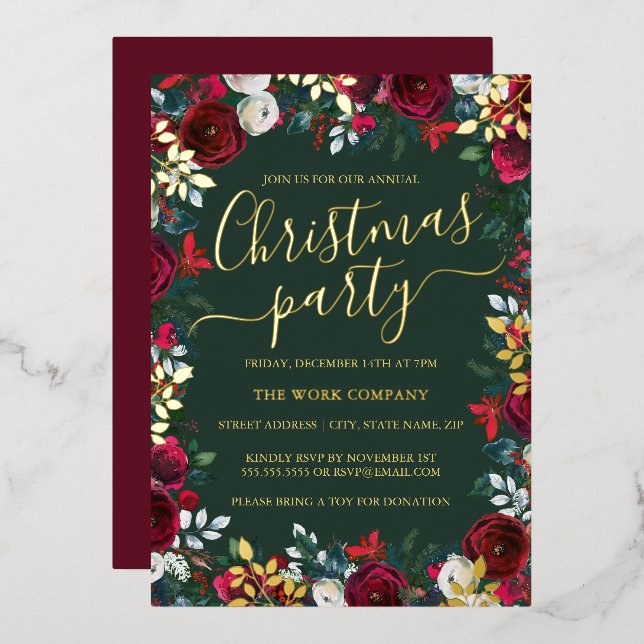 Red Green Gold Leaf Corporate Christmas Party  Foil Invitation (Front/Back)